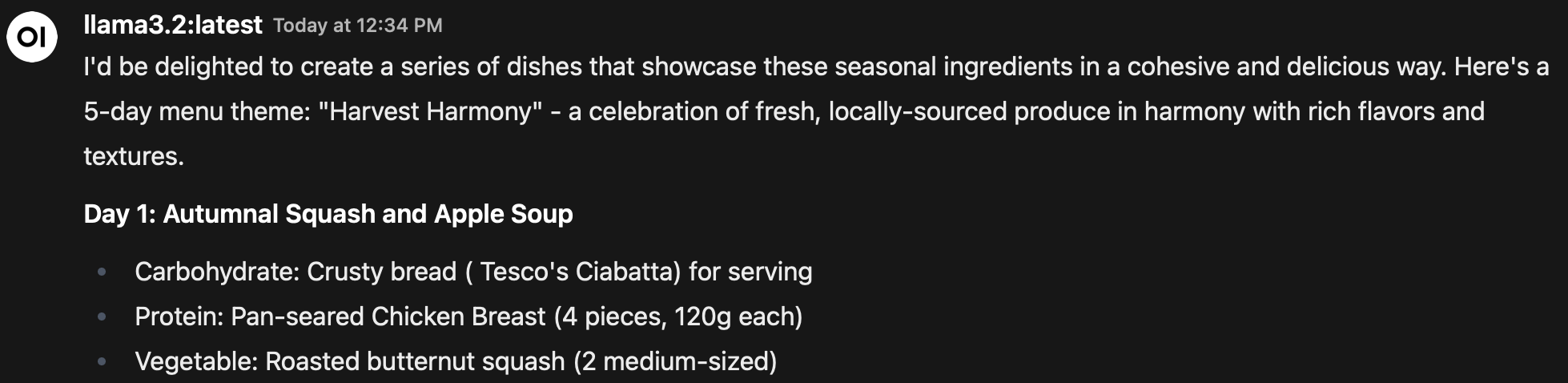 Sample output from the LLM for the recipe prompt
